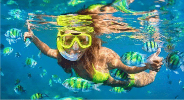Woman swimming just under the surface of the water, wearing a snorkel and mask while looking at fish